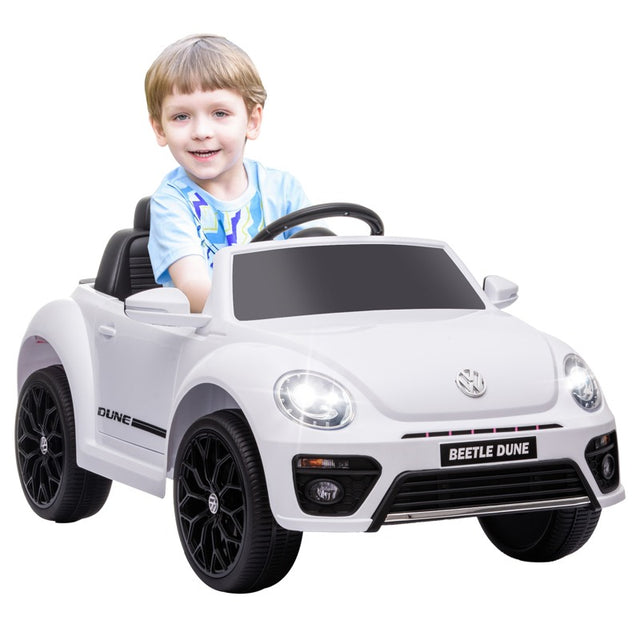 AIYAPLAY Volkswagen Beetle Licensed 12V Ride on Car w/ Remote Control, Suspension Wheels, Soft Start, Lights, Music, White