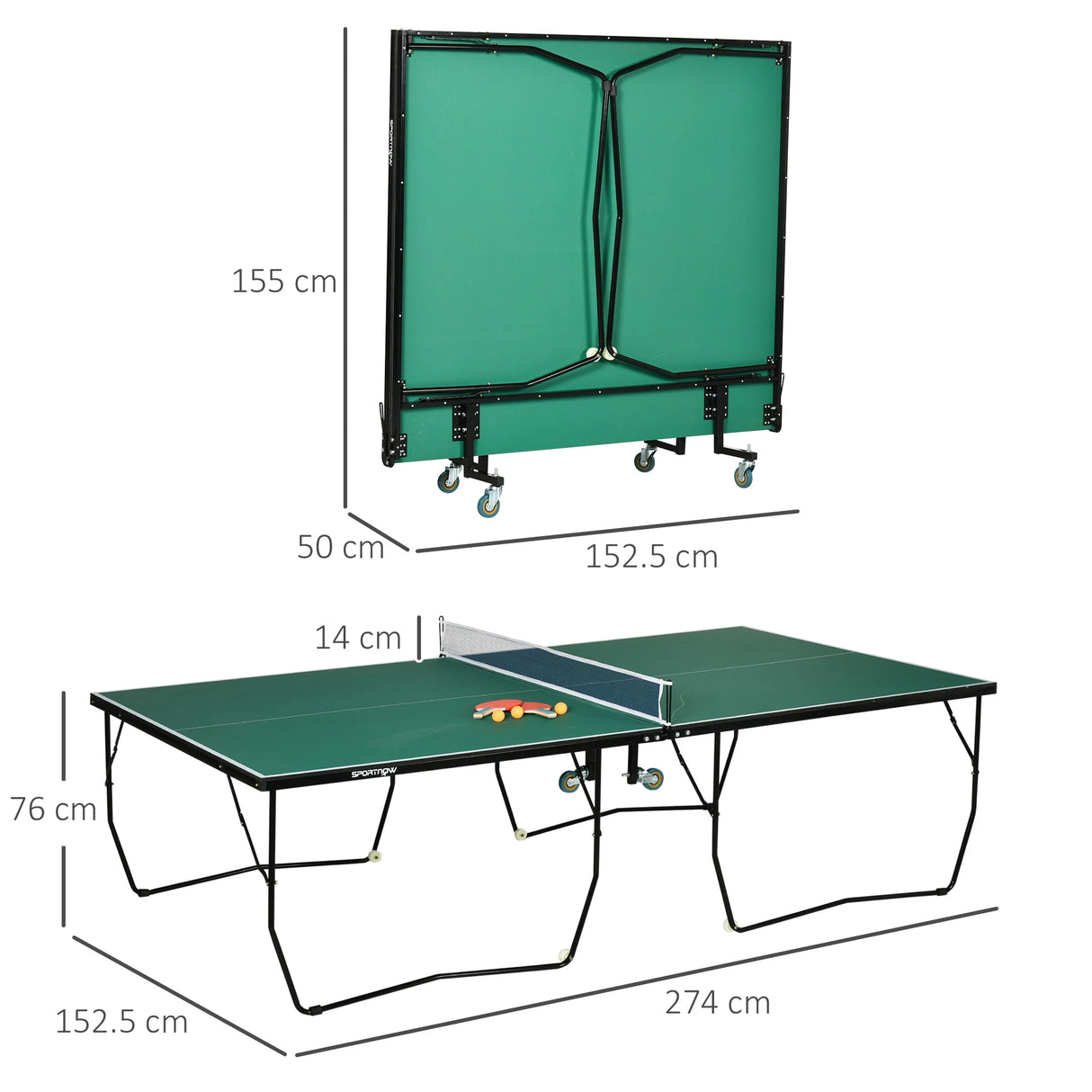 SPORTNOW 9FT Folding Tennis Table, with 8 Wheels, for Indoor Use, Green