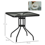 Outsunny Square Patio Table, Tempered Glass Top Bistro Table, Garden Dining Table, Outdoor Accent Coffee Table 76 x 76cm Steel Frame with Umbrella Hole