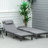 Outsunny 2 Pieces Outdoor PE Rattan Sun Loungers set of 2 with Cushion, Garden Wicker Sunbed Furniture with 5 - Level Recliner Backrest, Grey
