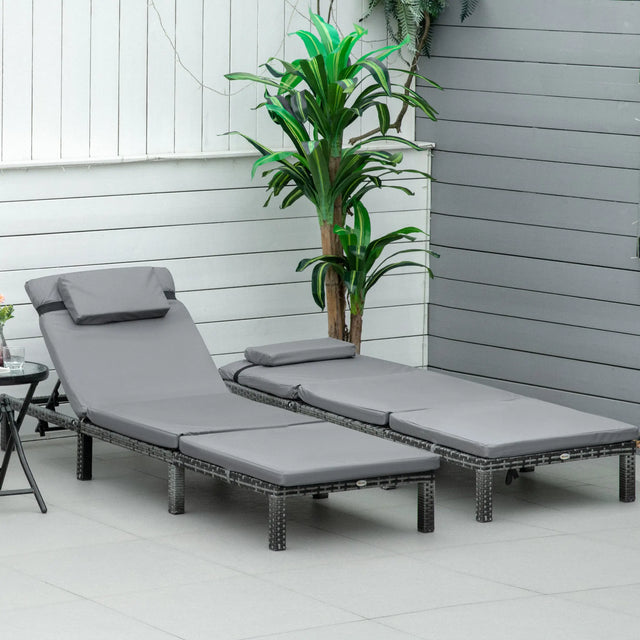 Outsunny 2 Pieces Outdoor PE Rattan Sun Loungers set of 2 with Cushion, Garden Wicker Sunbed Furniture with 5 - Level Recliner Backrest, Grey