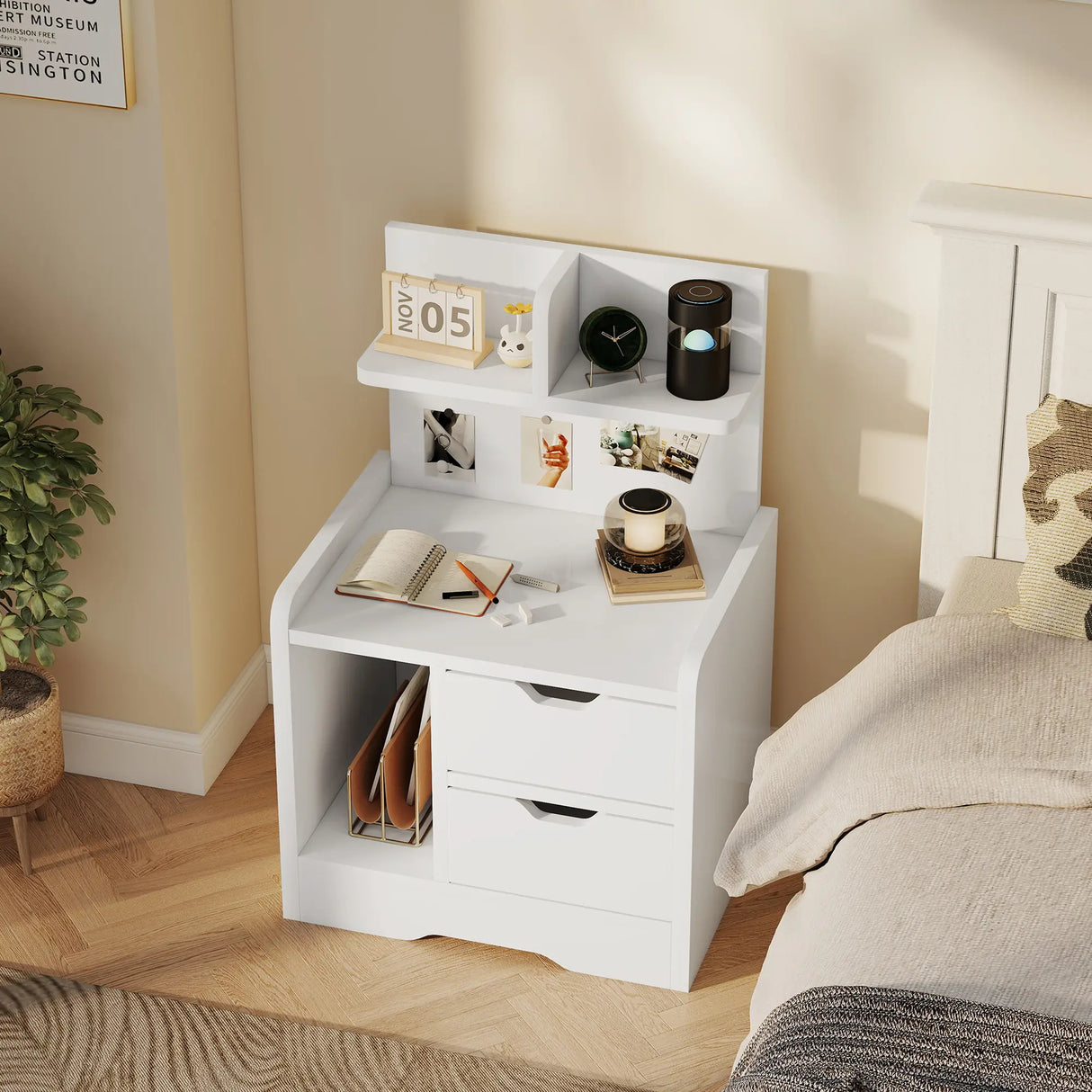 HOMCOM Bedside Table with 2 Drawers and Open Shelves - High Gloss White