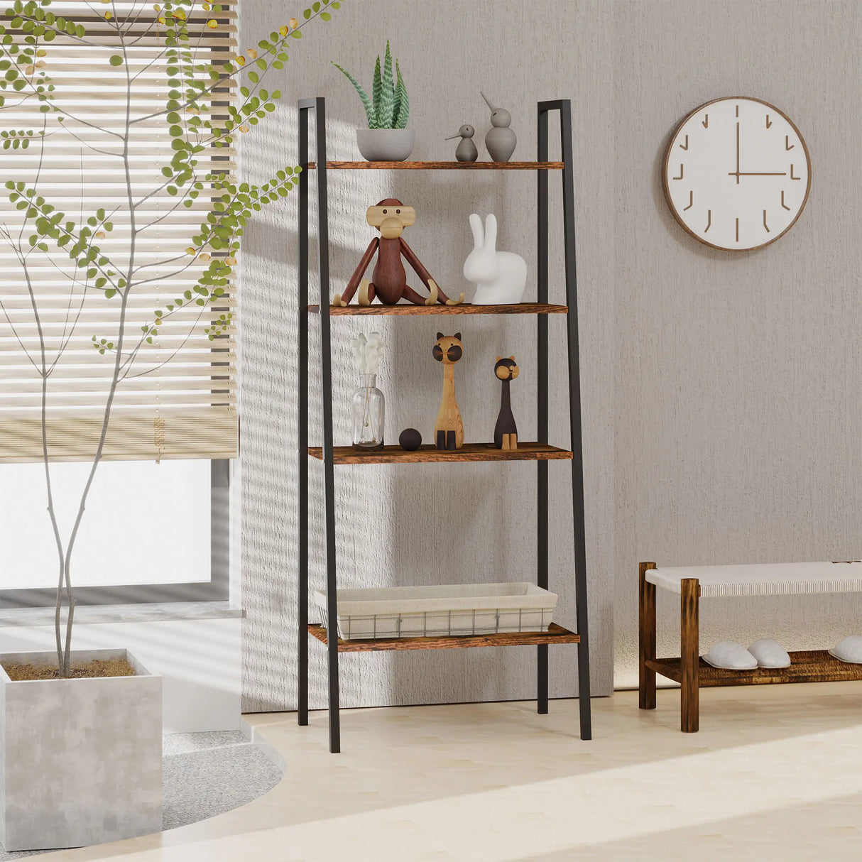 HOMCOM Ladder Shelf, Bookshelf, 4-Tier Industrial Storage Rack for Living Room, Bedroom, Kitchen, Rustic Brown and Black