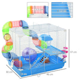 Pawhut 2 Tier Hamster Cage, Gerbil Cage with Handle, Exercise Wheels, Tunnel, Tube, Water Bottle, Dishes, Ladder, for Dwarf, Blue