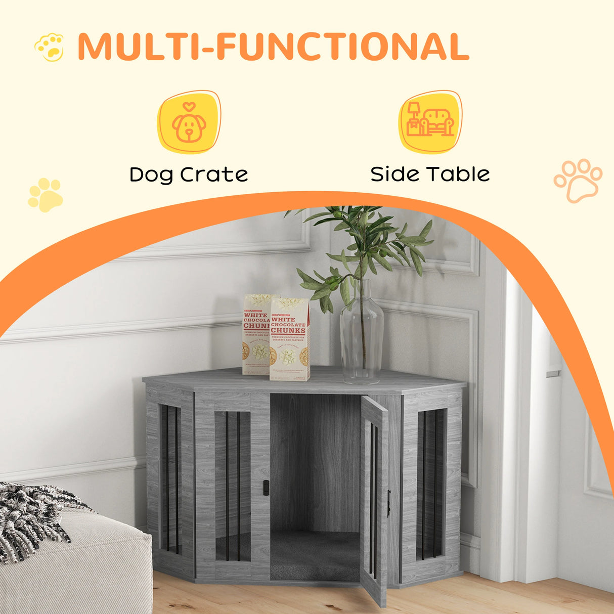PawHut 2 in 1 Dog Crate Furniture Side Table with Cushion for Medium Dogs, 104 x 55 x 63cm - Grey