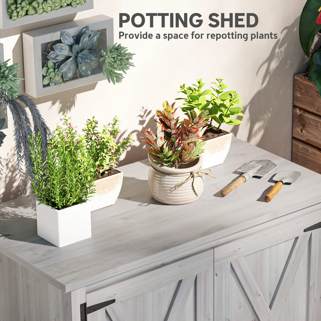 Outsunny Wooden Garden Shed, Outdoor Fir Wood Storage Shed with Shelf and Double Doors, Light Grey