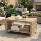 Outsunny Outdoor Coffee Table with Storage Shelf, PE Rattan Side Table with Slatted Top and Foot Pads, Light Brown