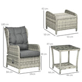 Outsunny 5 Pieces Rattan Bistro Set with Adjustable Back, Reclining Wicker Balcony Furniture with Cushions, Glass Top Coffee Table and Footstools, Outdoor Table and Chairs, Grey