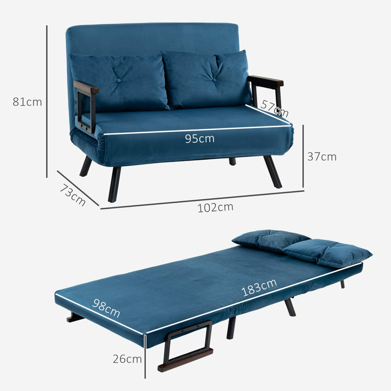 HOMCOM 4-in-1 Velvet-Feel Double Sofa Bed, with Pillows - Blue