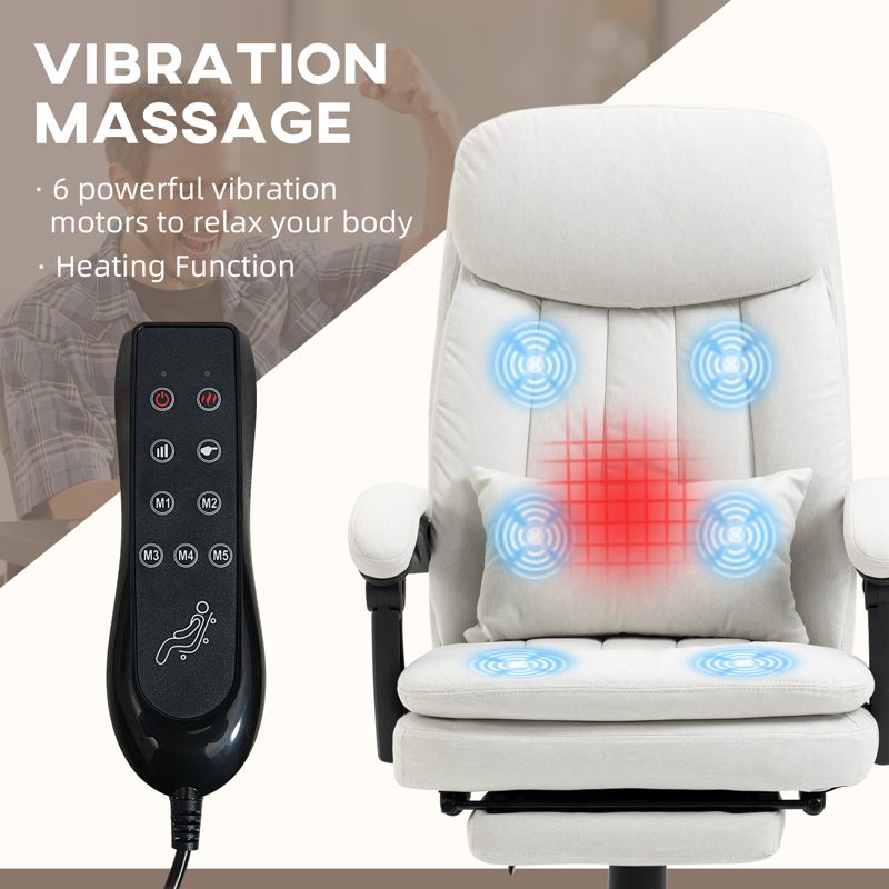 Vinsetto Office Chair, Ergonomic Desk Chair with 6-Point Vibration Massage and Lumbar Heating, Computer Chair with Lumbar Support Pillow, 155 Reclining Back and Footrest, Cream White