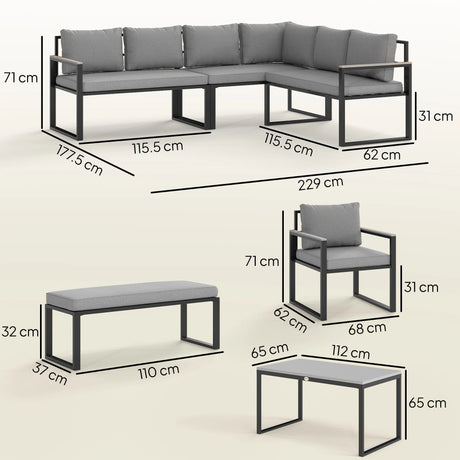 Outsunny Six Piece L Shaped Garden Furniture Set with 3 Loveseats - Grey