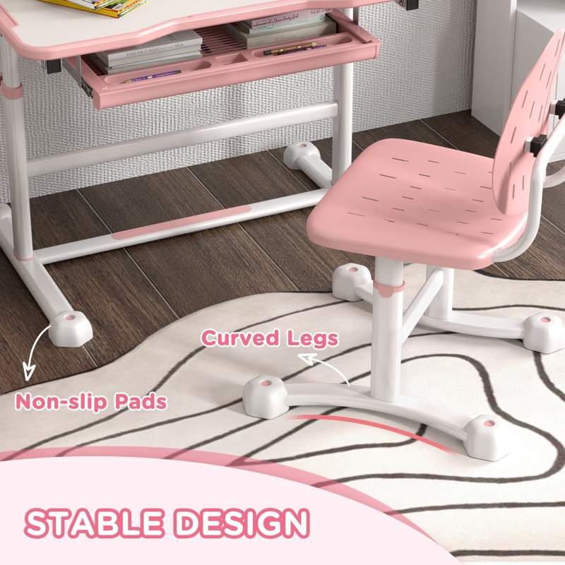 AIYAPLAY Height Adjustable Kids Desk and Chair Set, School Study Writing, Reading Table Chair Set w/ Tilted Desktop, Pink