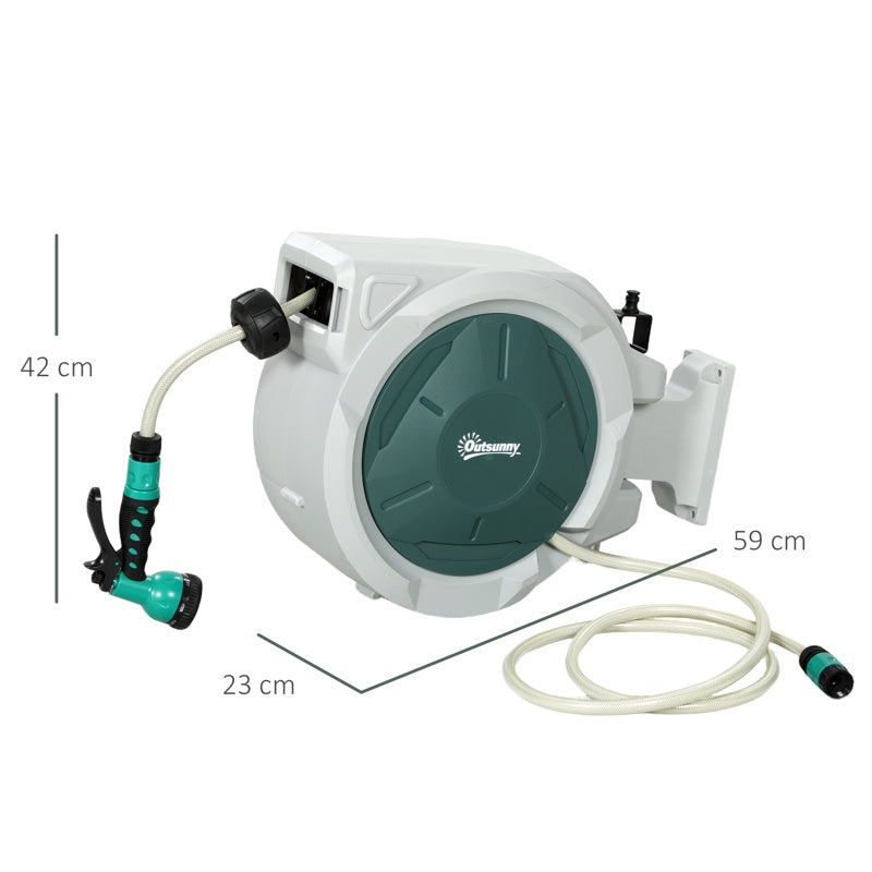 Outsunny Retractable Hose Reel Wall Mounted, 30+2m Garden Hose Pipe Reel with Lock, Auto Rewind, 7 in 1 Spray Nozzle, Includes Wall Fixings, 180° Swivel, Outdoor Watering, Grey