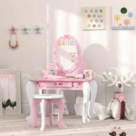 AIYAPLAY Kids Dressing Table Set, Vanity Table with Stool, Mirror, Drawer, Desktop, Storage, Ballet-Theme, Pink