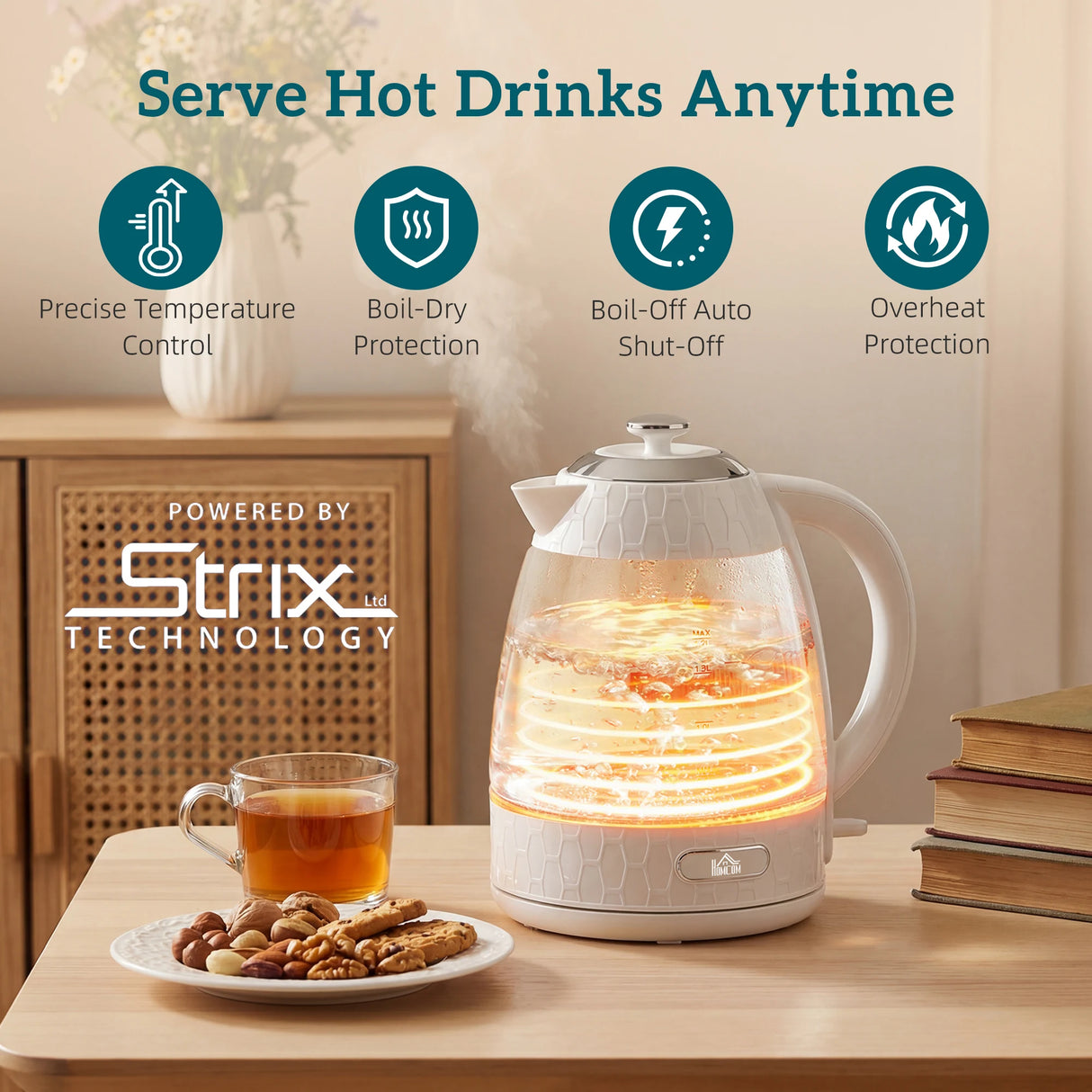 HOMCOM Kettle and Toaster Set, 1.7L 3000W Rapid Kettle with Strix Thermostat, 4 Slice Toaster with 7 Browning Controls, Cream