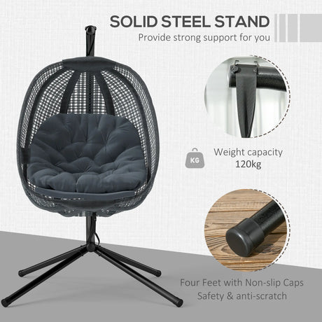 Outsunny Outdoor Swing Chair with Thick Padded Cushion, Patio Hanging Chair with Metal Stand, Egg Chair with Foldable Basket, Cup Holder, for Indoor and Outdoor, Dark Grey