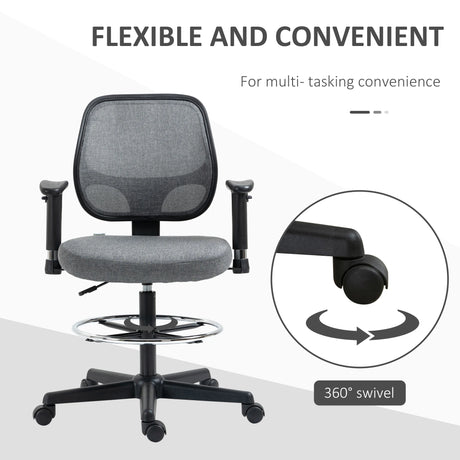 Vinsetto Drafting Chair, Fabric Office Chair, Ergonomic Painting Chair with Height Armrest Adjustable and Foot Ring, 360 Swivel Stool Chair for Standing Desk, Grey