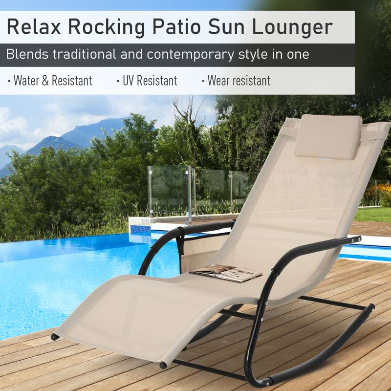 Outsunny 2PCs Outdoor Garden Rocking Chair, Patio Sun Lounger Rocker Chair with Breathable Mesh Fabric, Removable Headrest Pillow, Armrest, Side Storage Bag, Cream White