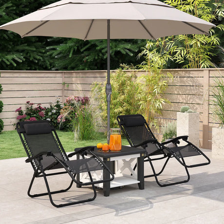 Outsunny Zero Gravity Chair Set of 2, Metal Frame Texteline Armchair Outdoor Folding and Reclining Sun Lounger with Head Pillow for Patio Decking Gardens Camping, Black