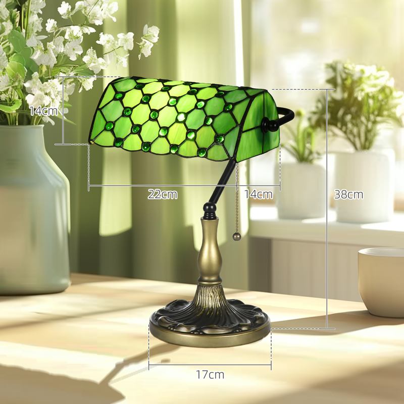 HOMCOM Stained Glass Table Lamp, Vintage Lamp with Green Handmade Shade, Metal Base, Antique Bedside Lamp for Bedroom Living Room Home Decoration