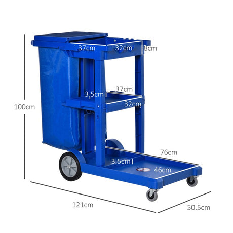 HOMCOM Janitor Cleaning Trolley, with Bin, Shelves and Hooks - Blue