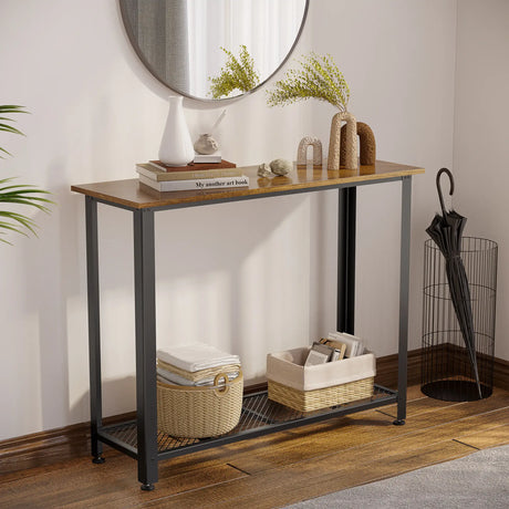 HOMCOM Industrial Console Table14Entryway Table w/Bottom Mesh Shelf Metal Frame Vintage Sofa Table for Hallway, Living Room, Rustic Brown