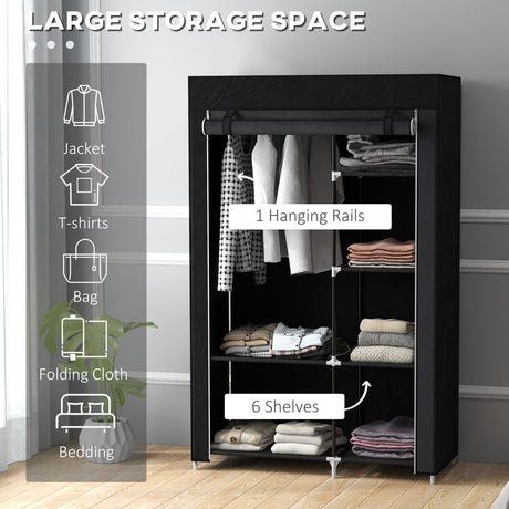 HOMCOM Fabric Wardrobe, Portable Wardrobe with 6 Shelves, 1 Hanging Rail, Foldable Closets, 103 x 43 x 162.5 cm, Black