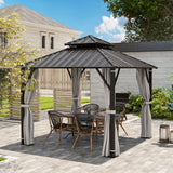 Outsunny 3 x 3(m) Hardtop Gazebo Canopy with Double Metal Roof, Waterproof Permanent Pavilion Garden Gazebo with Netting and Curtains, Easy to Assemble