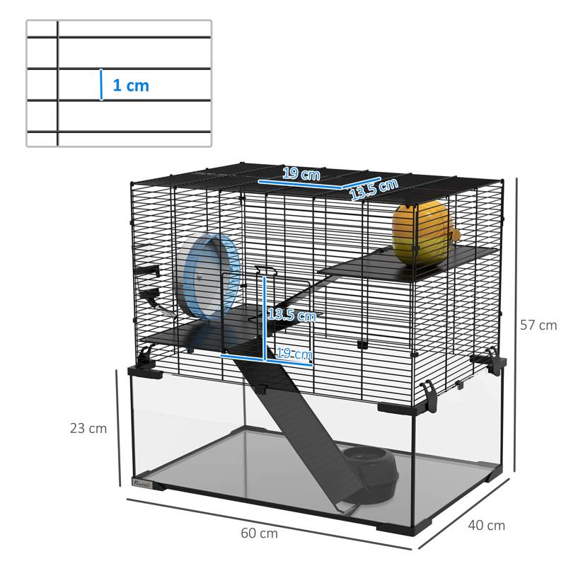 PawHut 3 Tiers Hamster Cage, Gerbil Cage with Deep Glass Bottom, Non-Slip Ramps, Platforms, Hut, Exercise Wheels, Water Bottle, Dish, for Syrian Hamster, Dwarf Hamster, 60 x 40 x 57cm