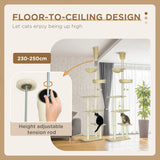 PawHut Floor to Ceiling Cat Tree for Indoor Cats, 6-Tier Play Tower Climbing Activity Center with Scratching Post, Platforms, Bed, Hammock, Adjustable Height 230-250cm, Beige