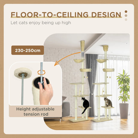 PawHut Floor to Ceiling Cat Tree for Indoor Cats, 6-Tier Play Tower Climbing Activity Center with Scratching Post, Platforms, Bed, Hammock, Adjustable Height 230-250cm, Beige