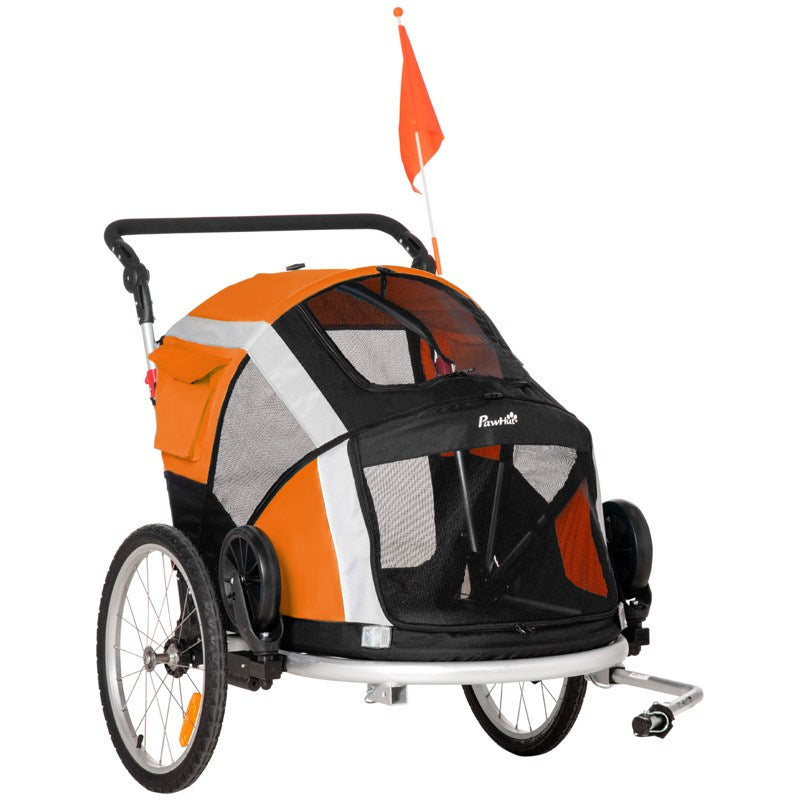 PawHut Dog Bike Trailer 2-in-1 Pet Stroller for Large Dogs Cart Foldable Bicycle Carrier Aluminium Frame with Safety Leash Hitch Coupler Reflector Flag Orange