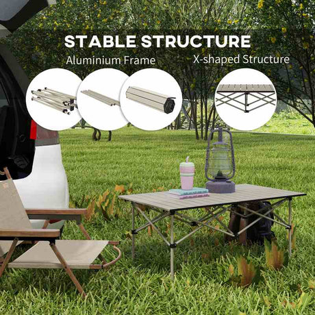 Outsunny Two-Seater Portable Aluminium Table, with Roll-Up Tabletop and Bag - Khaki