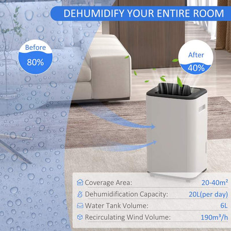 HOMCOM 6000mL Portable Dehumidifier with 24H Timer, 3 Dehumidifying Modes, 20L/Day, for Home Laundry Basement