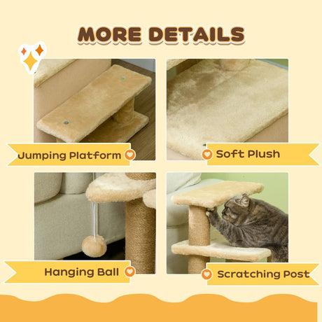 PawHut Adjustable Cat Steps, with House & Hanging Toy Ball - Beige