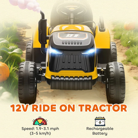 AIYAPLAY 12V Ride on Tractor and Trailer with Remote Control, Music, Shifter, Start-Up Sound, for Kids Ages 3-8 Years, Yellow