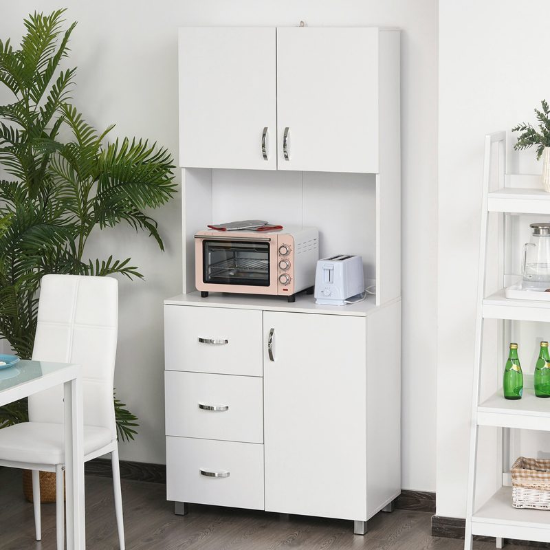 HOMCOM Free standing Kitchen Cupboard, Storage Cabinet with Doors and Sheleves, 3 drawers and Open Space, Adjustable Height Storage Unit, White