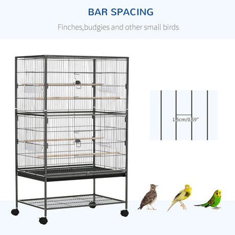 PawHut Large Bird Cage Budgie Cage for Finch Canaries Parakeet with Rolling Stand, Slide-out Tray, Storage Shelf, Food Containers, Dark Grey