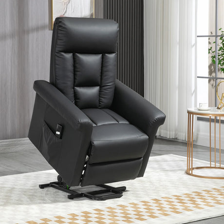 HOMCOM Power Lift Chair Armchair for the Elderly, PU Leather Recliner Chair with Extended Footrest, Remote Control and Side Pocket, Black