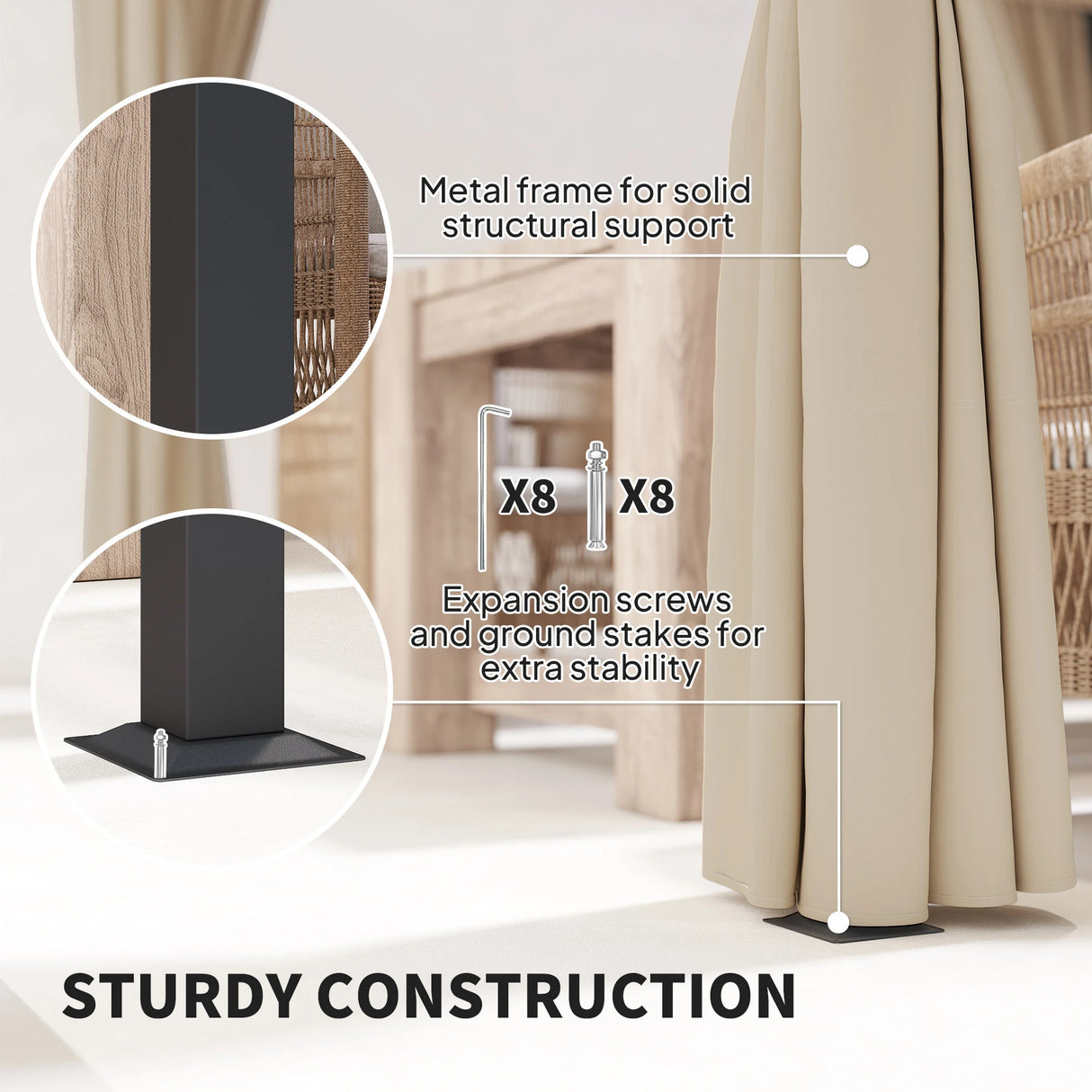Outsunny 3 x 3(m) Retractable Pergola, Garden Gazebo Shelter with Curtains, for Grill, Patio, Deck, Beige
