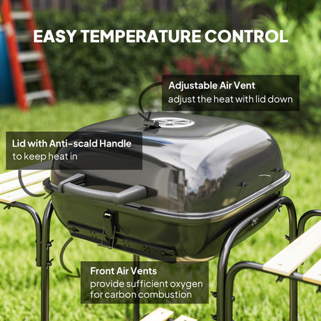 Outsunny Charcoal Barbecue Grill Portable BBQ Grill with 1840 cm2 Cooking Area, 3 Shelves, Adjustable Vent, Lockable Lid, Wheels for Outdoor Cooking, Garden Party, Black