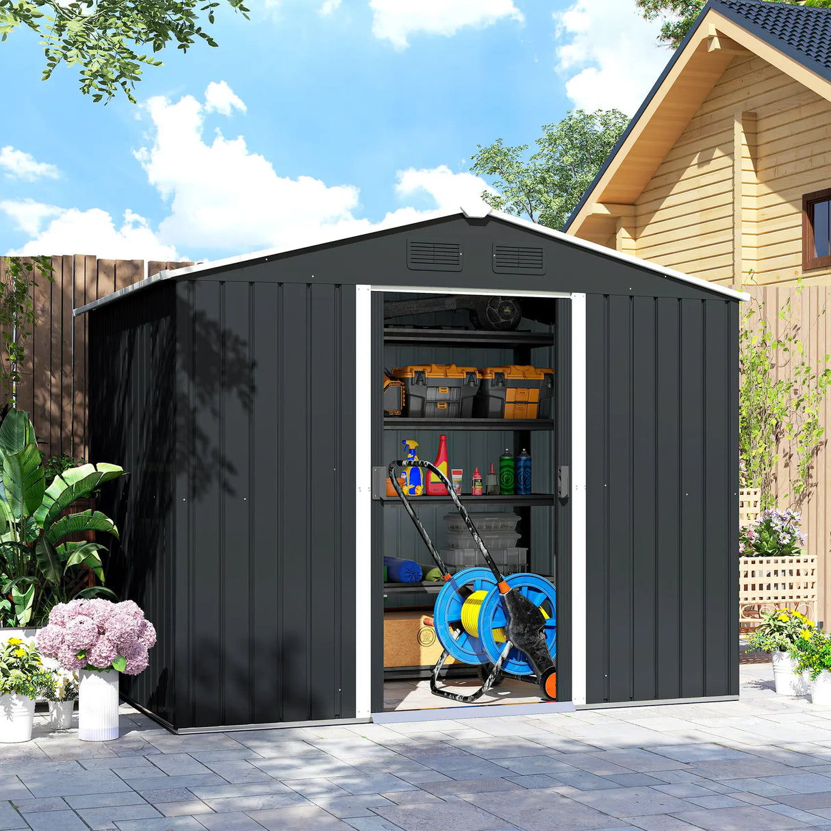 Outsunny 7.7 x 5.7ft Metal Garden Shed, Galvanised Outdoor Tool Storage House with Ventilation Slots and Sliding Doors, Grey