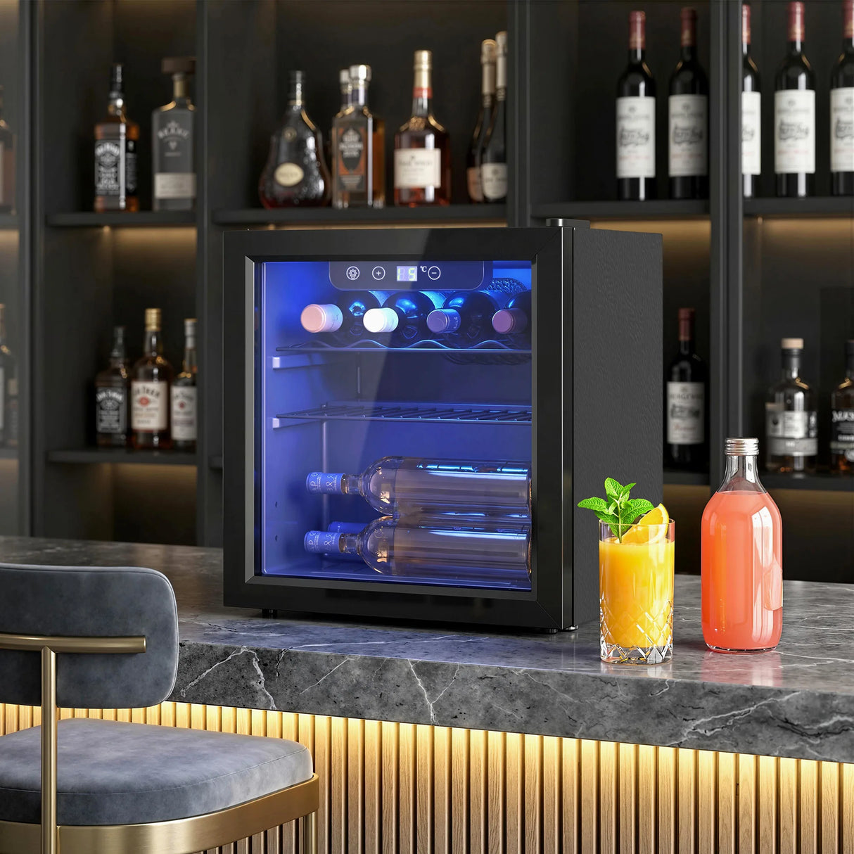 HOMCOM 12 Bottle Wine Cooler, 36 Litre Capacity, 4-16C Under Counter Drinks Beer Wine Fridge with Glass Door, LED Light, Black