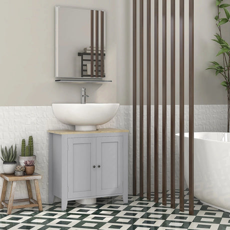 kleankin Under Sink Cabinet, Bathroom Sink Cabinet with 2 Doors, Pedestal Under Sink Design, Freestanding Bathroom Cupboard with Adjustable Shelf, Grey