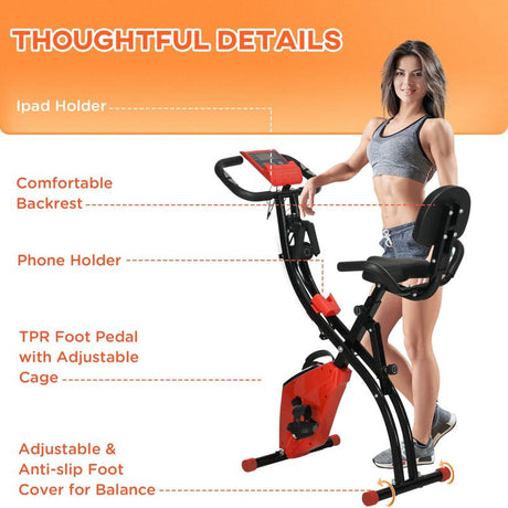 HOMCOM 2-in-1 Folding Exercise Bike with 8-Level Magnetic Resistance, Arm Resistance Band, Pulse Sensor, Red