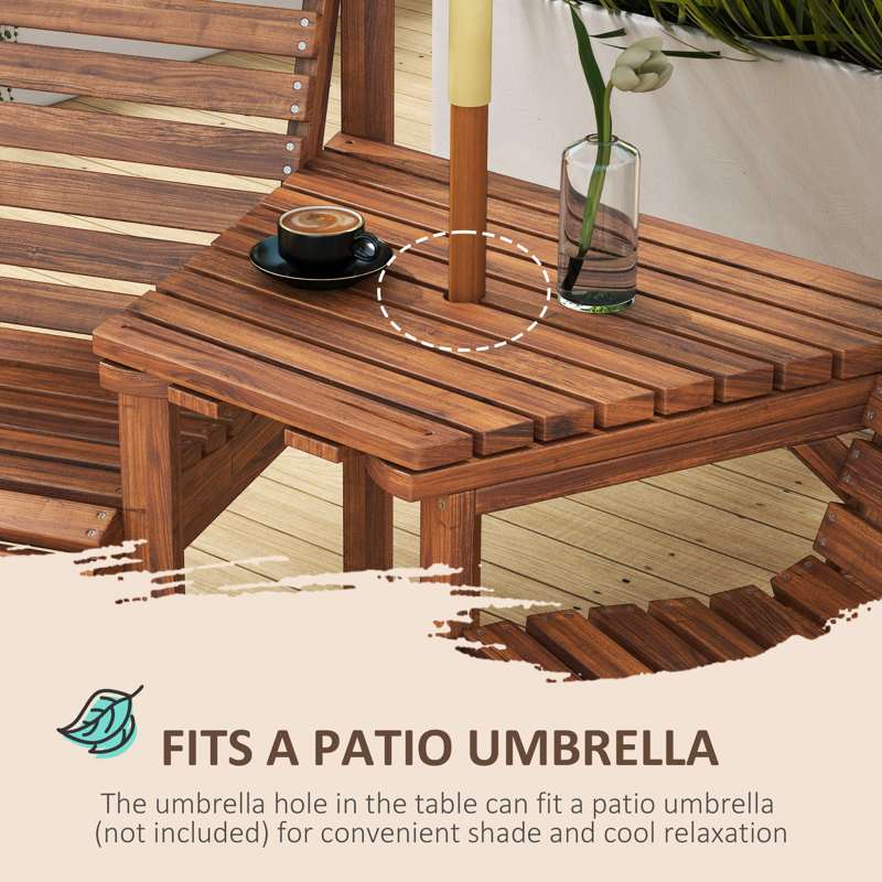 Outsunny Wooden Garden Love Seat w/ Coffee Table Umbrella Hole, Tan Brown