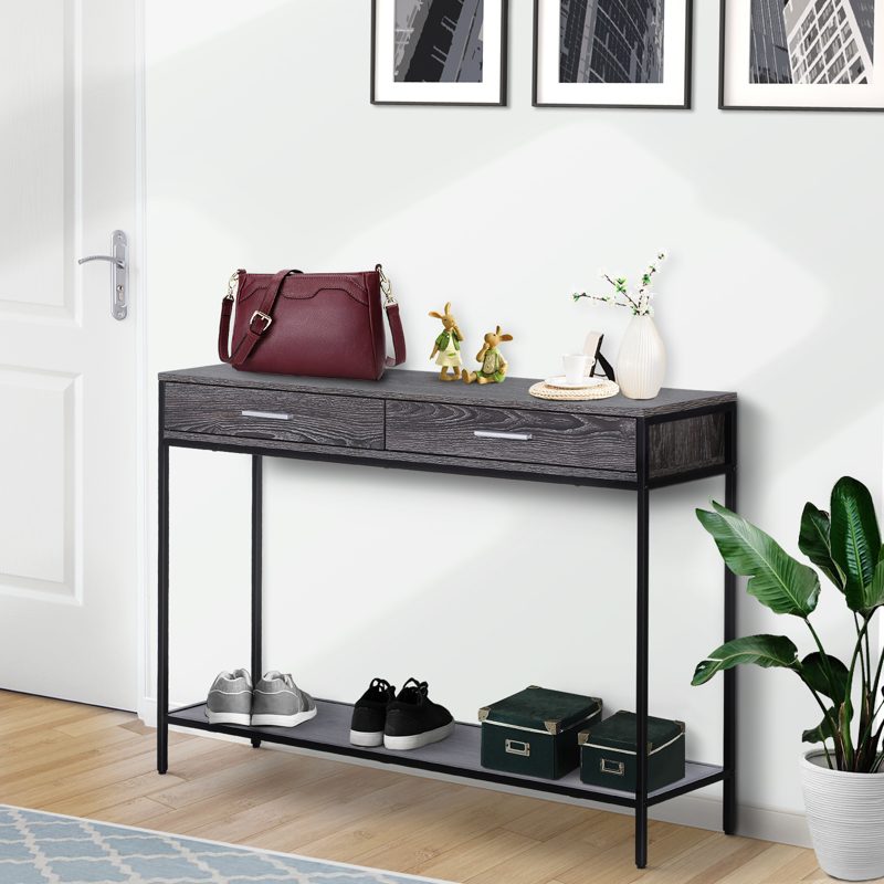 HOMCOM Console Table Worktop Bottom Shelf Home Two Drawer Industrial Minimal Style Grey Wood Tone Effect