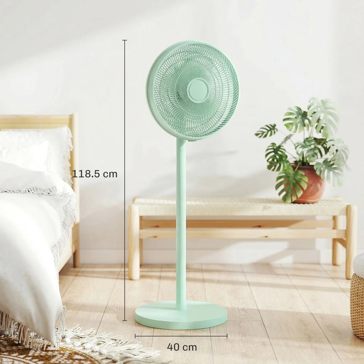 HOMCOM 40 cm Standing Fan, Cooling Floor Fan with 80 Oscillating, Adjustable Tilt and Height, 4 Speed, Remote Control, Green