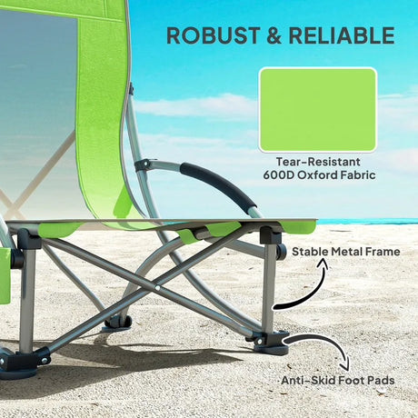 Outsunny Set of 2 Folding Beach Chair, Low Camping Chair with Mesh Back, Carry Bag and Cup Holder for Garden Outdoor Picnic Festival Travel, Green