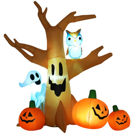 HOMCOM 240cm Large Halloween Scary Lighting Inflatable Tree Ghost 3 Pumpkins Owl 4 LED Indoor Outdoor Holiday Decoration